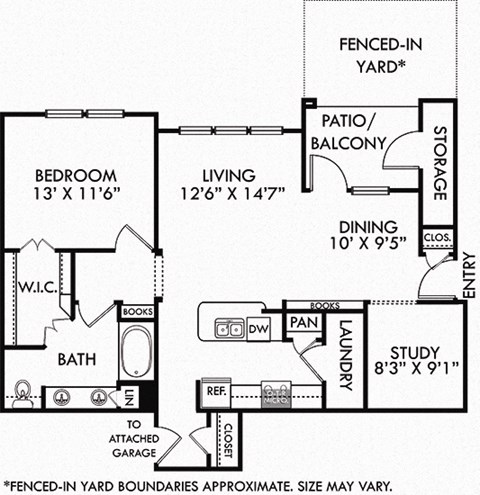 Lantana with Attached Garage. 1 bedroom apartment + study room. Kitchen with bartop open to living/dinning rooms. 1 full bathroom, double vanity. Walk-in closet. Patio/balcony. Fenced-in Yard.